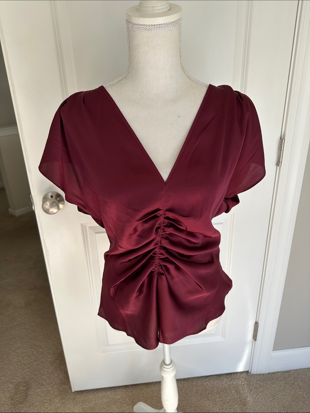 White House Black Market Burgundy Ruched V-Neck Blouse